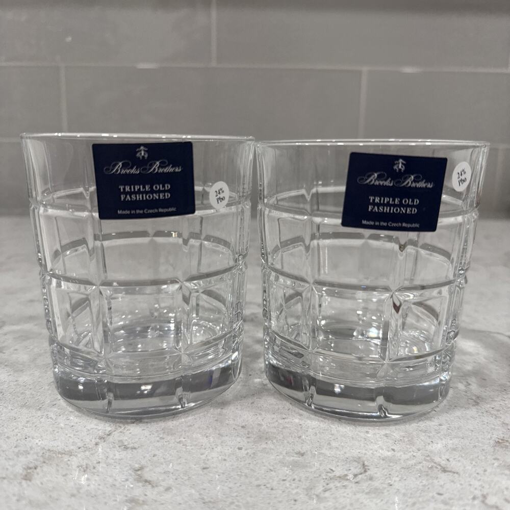 Set of 2 Brooks Brothers Triple Old Fashioned Euro Crystal Whiskey Glasses Czech